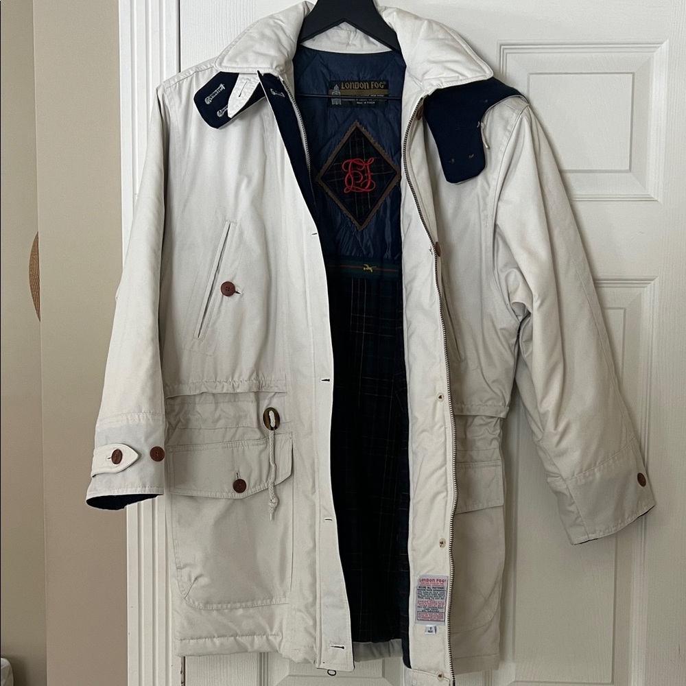 London Fog Cream Women's Puffer Coat with Navy Trim